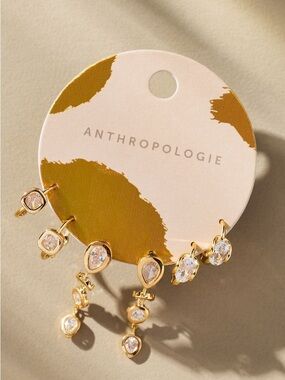 Free Ship! Anthropologie 14K Gold Crystal Huggies Hoop Earrings Set NWT